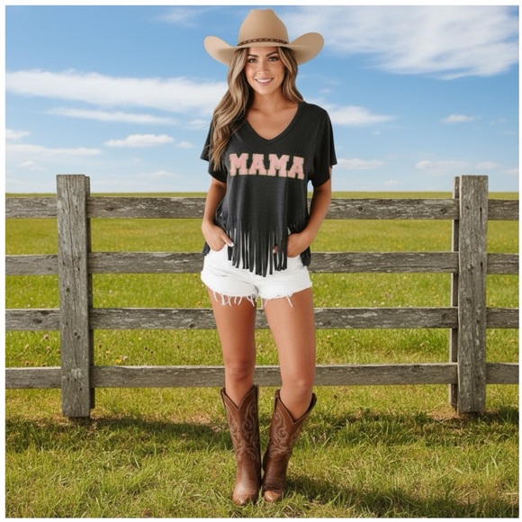boutique Tops - MAMA chenille graphic fringe tee S M L XL